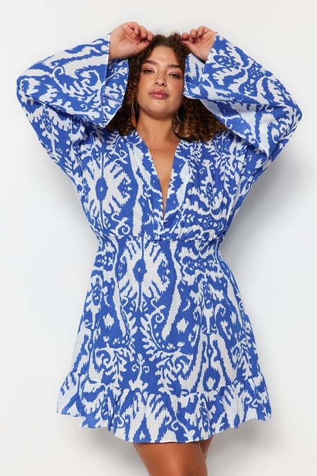 Trendyol Curve Ethno‑gemustertes Skaterkleid, kurz/mini, Strandlook, große Größen - Blau - Image 6
