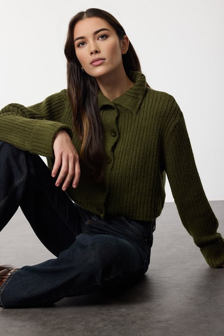 Trendyol Einfarbiger, langer lockerer Cardigan für Damen - Khaki - Image 4
