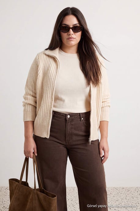Trendyol Curve Damen Beige Einfarbig Lang Regular Fit Große Größen Cardigans - Image 1
