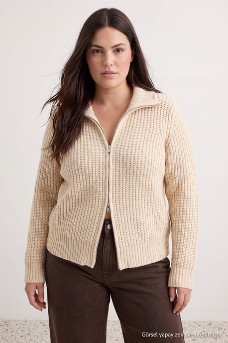 Trendyol Curve Damen Beige Einfarbig Lang Regular Fit Große Größen Cardigans - Image 3