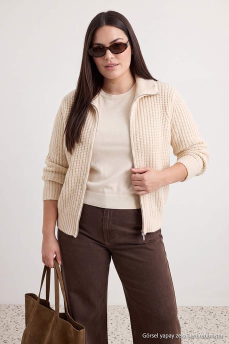 Trendyol Curve Damen Beige Einfarbig Lang Regular Fit Große Größen Cardigans - Image 6
