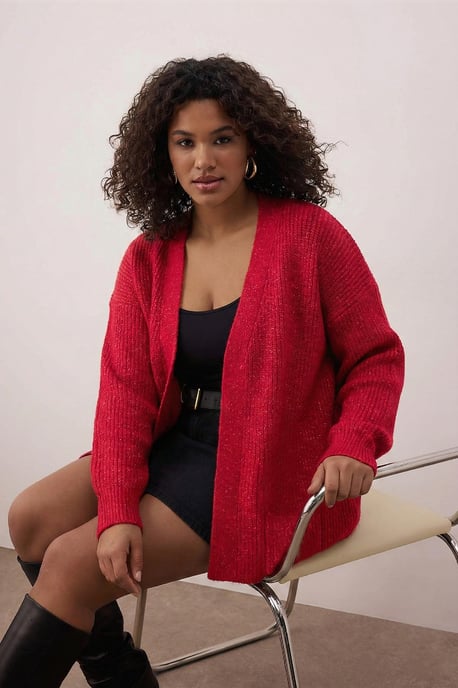 Trendyol Curve Damen Rot Einfarbig Lang Regular Fit Große Größen Cardigans - Image 1