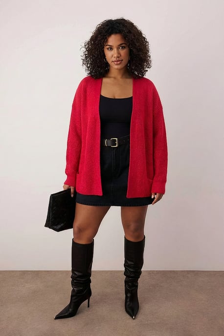 Trendyol Curve Damen Rot Einfarbig Lang Regular Fit Große Größen Cardigans - Image 4