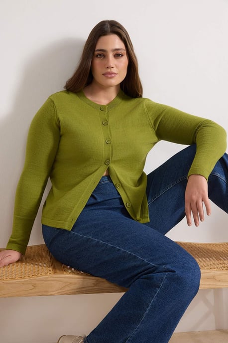 Trendyol Curve Damen Grün Einfarbig Lang Regular Fit Große Größen Cardigans - Image 1