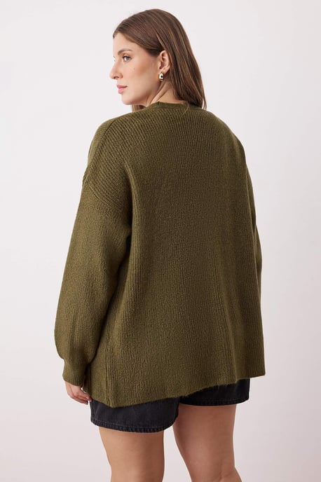 Trendyol Curve Damen Khaki Einfarbig Lang Regular Fit Große Größen Cardigans - Image 3