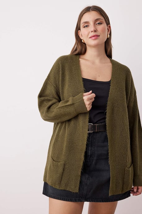 Trendyol Curve Damen Khaki Einfarbig Lang Regular Fit Große Größen Cardigans - Image 6