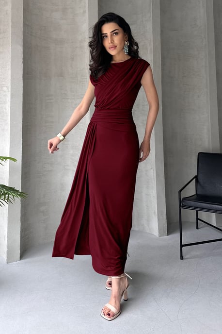 TRENDYOLMİLLA Damen Bordeaux Einfarbig Maxi Ärmellos Elegant/Abend Bodycon Kleider - Image 1