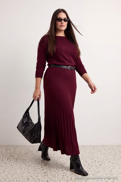 Trendyol Curve Damen Bordeaux Einfarbig Maxi Lang Abend / Alltag A-Linie Große Größen Kleid - Image 2