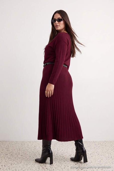 Trendyol Curve Damen Bordeaux Einfarbig Maxi Lang Abend / Alltag A-Linie Große Größen Kleid - Image 3