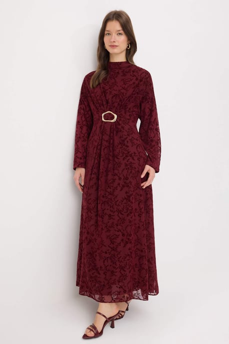 Trendyol Modest Damen Bordeaux Geblümt Maxi Lang A-Linie Modest Abend Kleider - Image 4