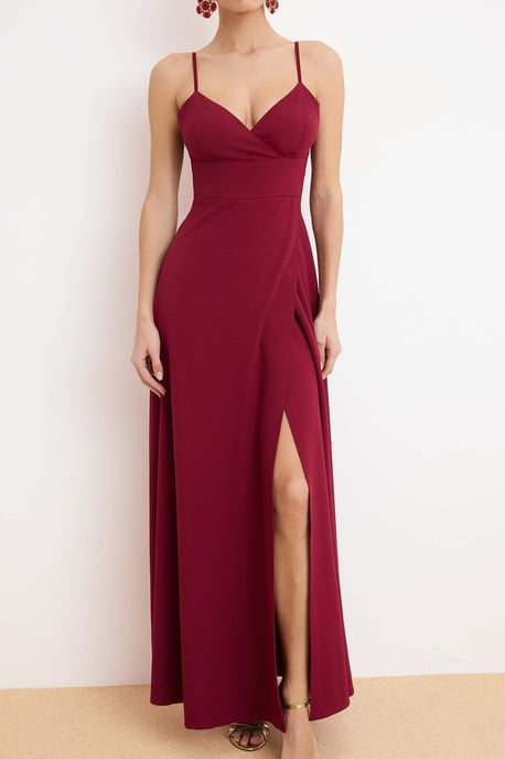 TRENDYOLMİLLA Damen Bordeaux Einfarbig Maxi Ärmellos Abschluss / Ball Zweireihig Abend & Ball Kleid - Image 2