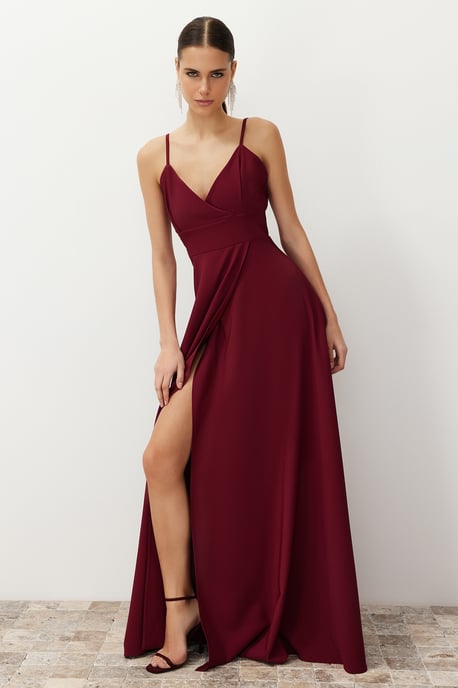 TRENDYOLMİLLA Damen Bordeaux Einfarbig Maxi Ärmellos Abschluss / Ball Zweireihig Abend & Ball Kleid - Image 4
