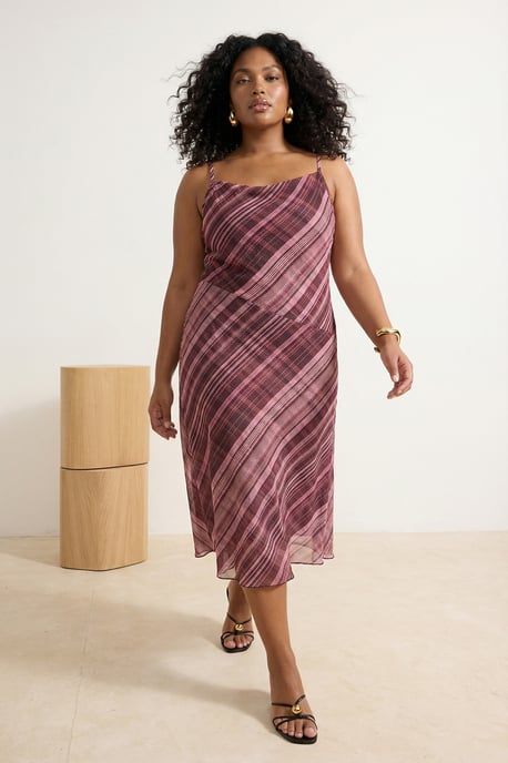 Trendyol Curve Damen Bordeaux Kariert Maxi Ärmellos Casual A-Linie Große Größen Kleid - Image 1