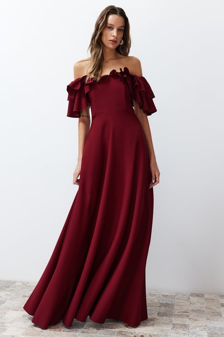 TRENDYOLMİLLA Damen Bordeaux Einfarbig Maxi Ärmellos Abschluss / Ball A-Linie Abend & Ball Kleid - Image 1