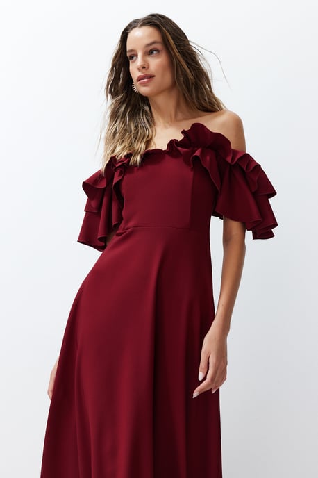 TRENDYOLMİLLA Damen Bordeaux Einfarbig Maxi Ärmellos Abschluss / Ball A-Linie Abend & Ball Kleid - Image 2