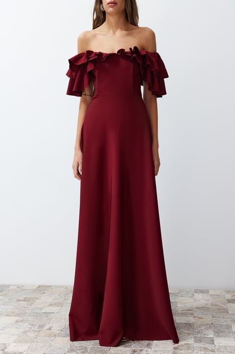 TRENDYOLMİLLA Damen Bordeaux Einfarbig Maxi Ärmellos Abschluss / Ball A-Linie Abend & Ball Kleid - Image 3