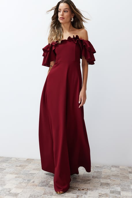 TRENDYOLMİLLA Damen Bordeaux Einfarbig Maxi Ärmellos Abschluss / Ball A-Linie Abend & Ball Kleid - Image 6