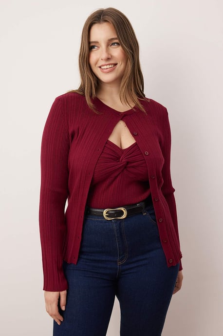 Trendyol Curve Damen Bordeaux Einfarbig Lang Tailliert Große Größen Cardigans - Image 1
