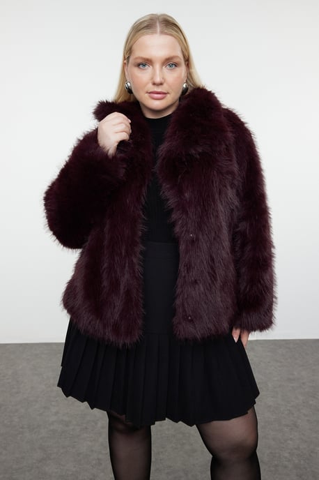 Trendyol Curve Damen Bordeaux Einfarbig Lang Regular Fit Große Größen Mäntel - Image 2