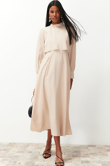 Trendyol Modest Damen Beige Einfarbig Maxi Lang Casual A-Linie Modest Kleider - Image 6