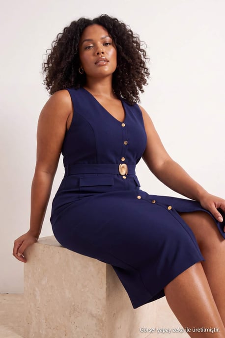Trendyol Curve Damen Dunkelblau Einfarbig Maxi Ärmellos Abend / Alltag Bodycon Große Größen Kleid - Image 6