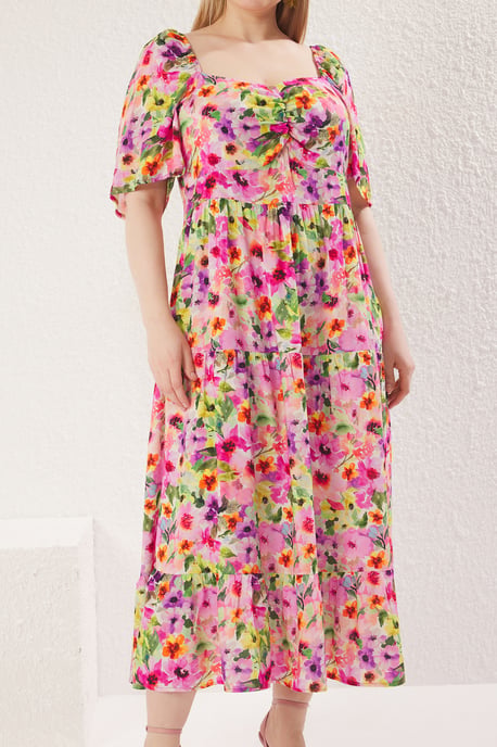 Trendyol Curve Damen Mehrfarbig Geblümt Maxi 3/4-Arm Casual A-Linie Große Größen Kleid - Image 2