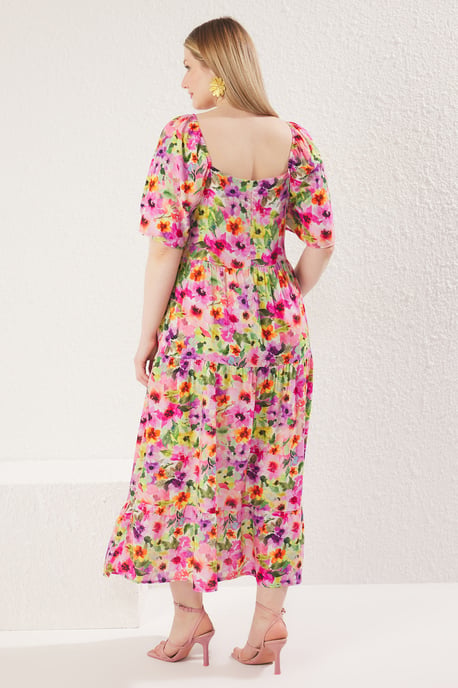 Trendyol Curve Damen Mehrfarbig Geblümt Maxi 3/4-Arm Casual A-Linie Große Größen Kleid - Image 4