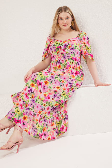 Trendyol Curve Damen Mehrfarbig Geblümt Maxi 3/4-Arm Casual A-Linie Große Größen Kleid - Image 6