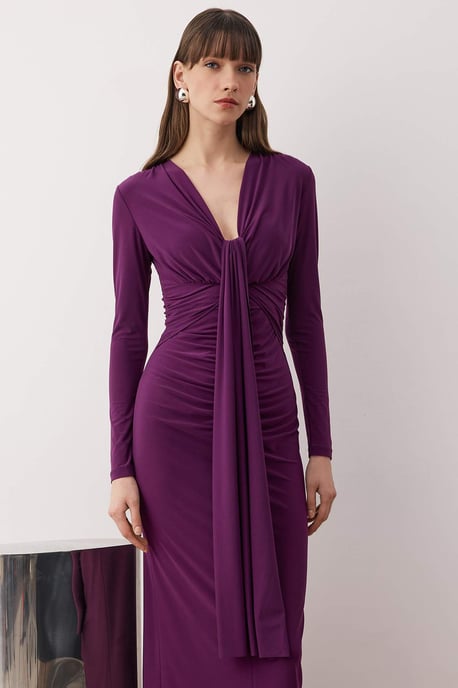 TRENDYOLMİLLA Damen Lila Einfarbig Maxi Lang Elegant/Abend Bodycon Kleider - Image 6