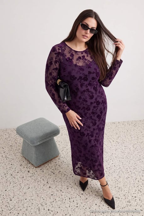 Trendyol Curve Damen Lila Geblümt Maxi Lang Casual A-Linie Große Größen Kleid - Image 1