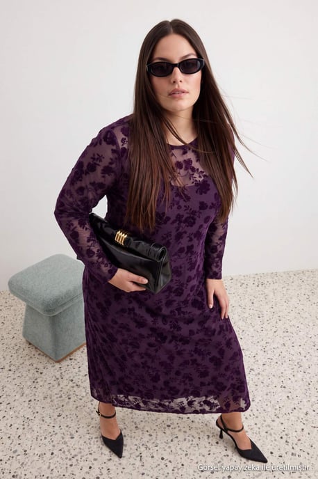 Trendyol Curve Damen Lila Geblümt Maxi Lang Casual A-Linie Große Größen Kleid - Image 3