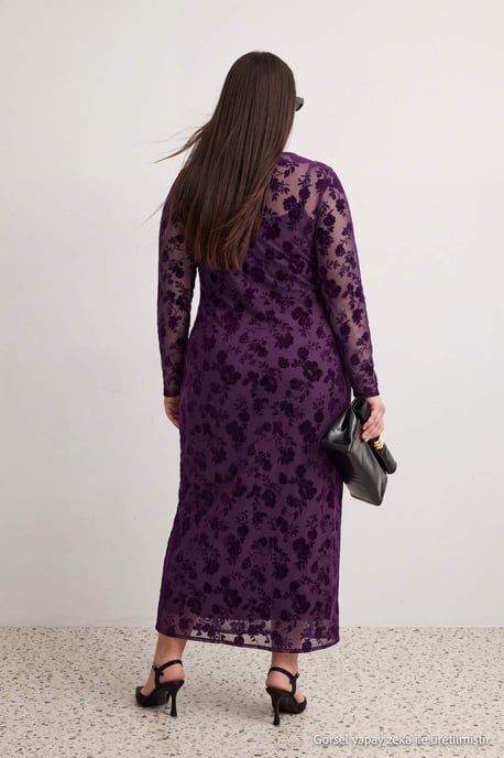 Trendyol Curve Damen Lila Geblümt Maxi Lang Casual A-Linie Große Größen Kleid - Image 6