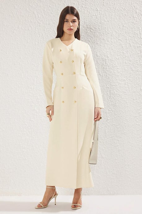Trendyol Modest Damen Beige Einfarbig Maxi Lang Business Zweireihig Modest Kleider - Image 1