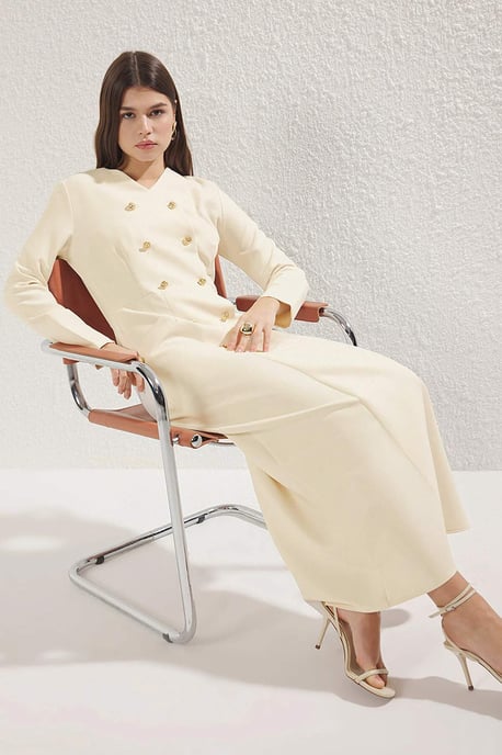 Trendyol Modest Damen Beige Einfarbig Maxi Lang Business Zweireihig Modest Kleider - Image 4