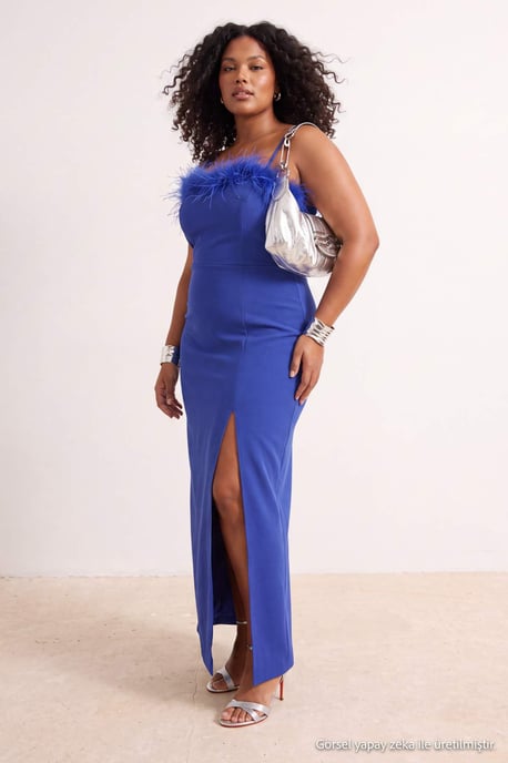 Trendyol Curve Damen Blau Einfarbig Maxi Ärmellos Ball Gerade Große Größen Kleid - Image 1