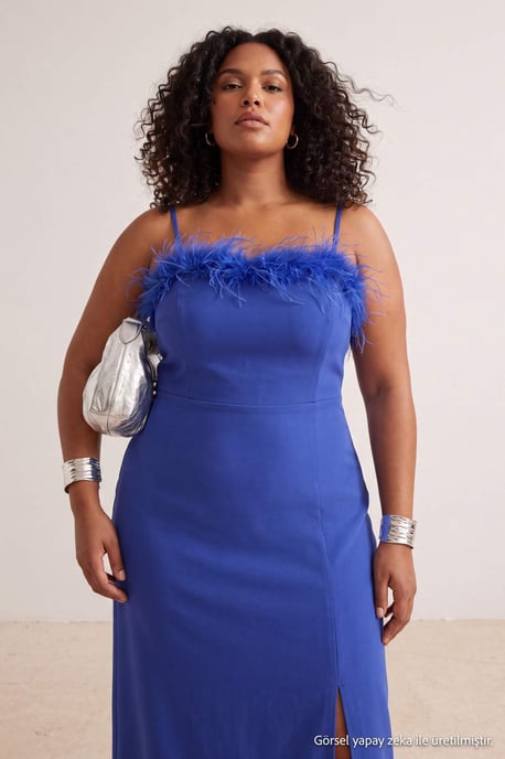 Trendyol Curve Damen Blau Einfarbig Maxi Ärmellos Ball Gerade Große Größen Kleid - Image 6