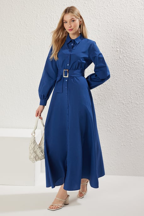 Trendyol Modest Damen Blau Einfarbig Maxi Lang Business Hemdblusenkleid Modest Kleider - Image 1