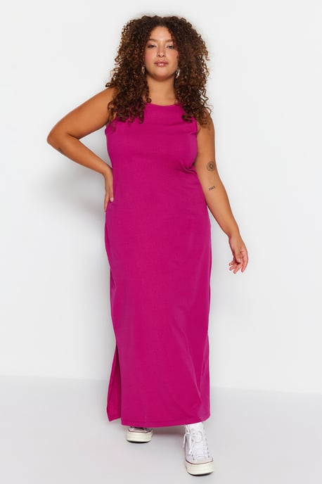Trendyol Curve Damen Rosa Einfarbig Maxi Ärmellos Casual Gerade Große Größen Kleid - Image 6