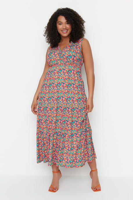 Trendyol Curve Damen Mehrfarbig Geblümt Maxi Ärmellos Casual A-Linie Große Größen Kleid - Image 1