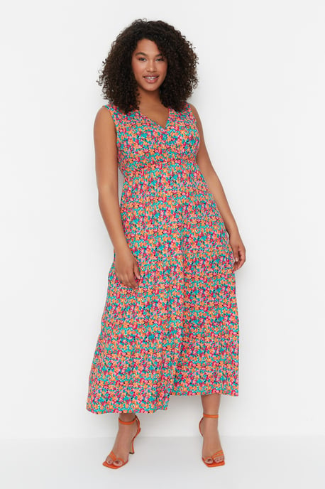 Trendyol Curve Damen Mehrfarbig Geblümt Maxi Ärmellos Casual A-Linie Große Größen Kleid - Image 3