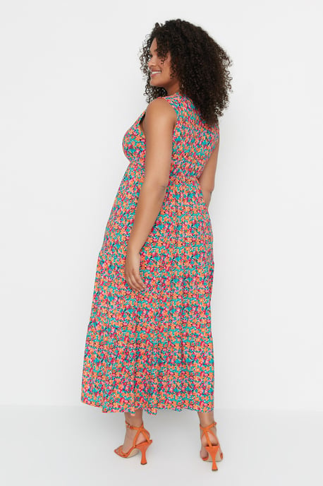 Trendyol Curve Damen Mehrfarbig Geblümt Maxi Ärmellos Casual A-Linie Große Größen Kleid - Image 4
