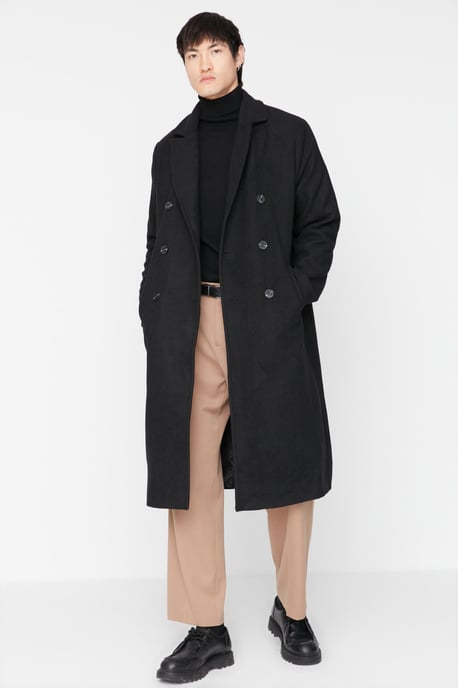 TRENDYOL MAN Herren Schwarz Einfarbig Lang Relaxed Fit Mäntel - Image 1