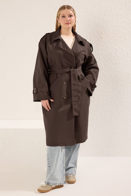 Trendyol Curve Damen Braun Einfarbig Oversize Große Größen Trenchcoats - Image 4