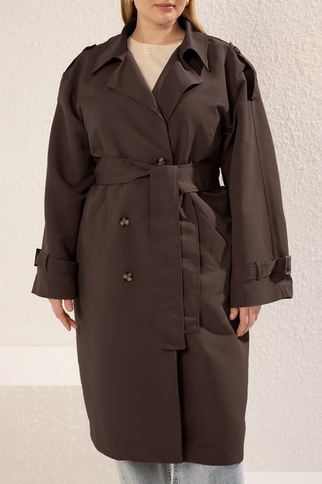 Trendyol Curve Damen Braun Einfarbig Oversize Große Größen Trenchcoats - Image 5