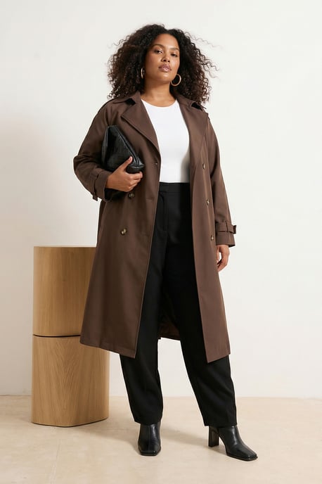 Trendyol Curve Damen Braun Einfarbig Oversize Große Größen Trenchcoats - Image 6