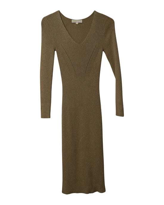 Michael Kors tailliertes, geripptes Strick-Midikleid in Metallic-Gold-Viskose - Image 5