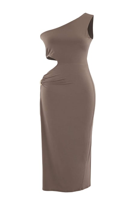 Trendyol Curve Damen Beige Einfarbig Midi Ärmellos Bodycon Große Größen Kleid - Image 3