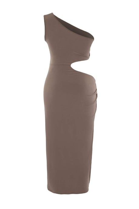 Trendyol Curve Damen Beige Einfarbig Midi Ärmellos Bodycon Große Größen Kleid - Image 5