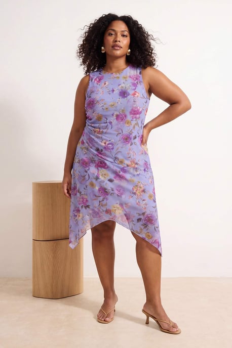 Trendyol Curve Damen Lila Geblümt Midi Ärmellos Casual A-Linie Große Größen Kleid - Image 2