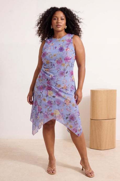 Trendyol Curve Damen Lila Geblümt Midi Ärmellos Casual A-Linie Große Größen Kleid - Image 6
